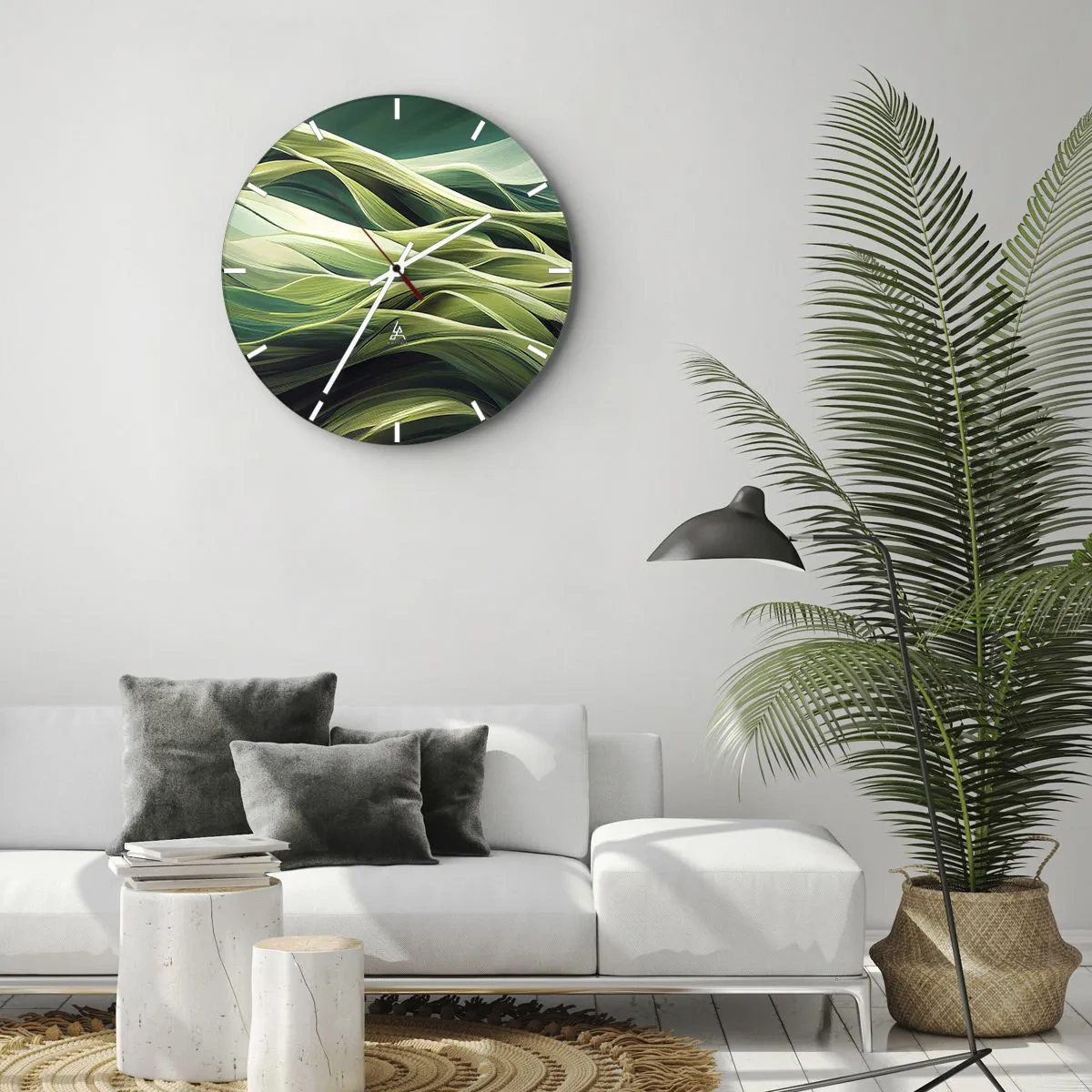 Falióra, Óra - Zöld hullámok egy absztrakt, dinamikus kompozícióban - 30x30cm - Egy absztrakt zöldjáték  - Modern fali dekoráció nappalihoz, konyhához és hálószobához ARTTOR