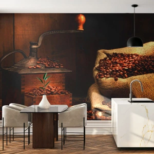 Fotótapéta Premium Sand - Csendélet szemes kávéval és darálóval - Gasztronómia, Kávé, Kávédaráló - 100x70 cm