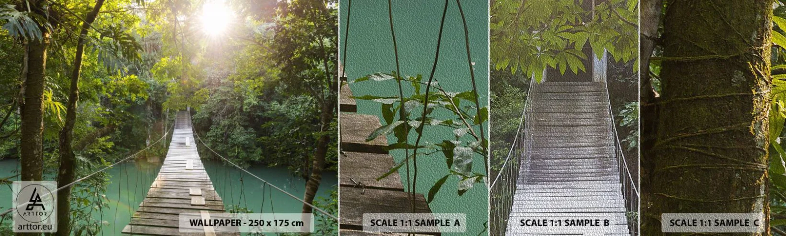 Fotótapéta Minta Premium Sand - Az azúrkék vízen át az azúrkék erdőbe - Tájkép, Dzsungel, Fa híd - 100x30 cm
