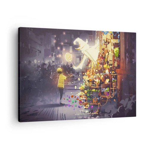 Vászonkép - Egy mesefigura és egy gyerek egy fényekkel és varázslattal teli utcán - 70x50cm - A mágia létezik - Modern fali dekoráció nappalihoz és hálószobához ARTTOR