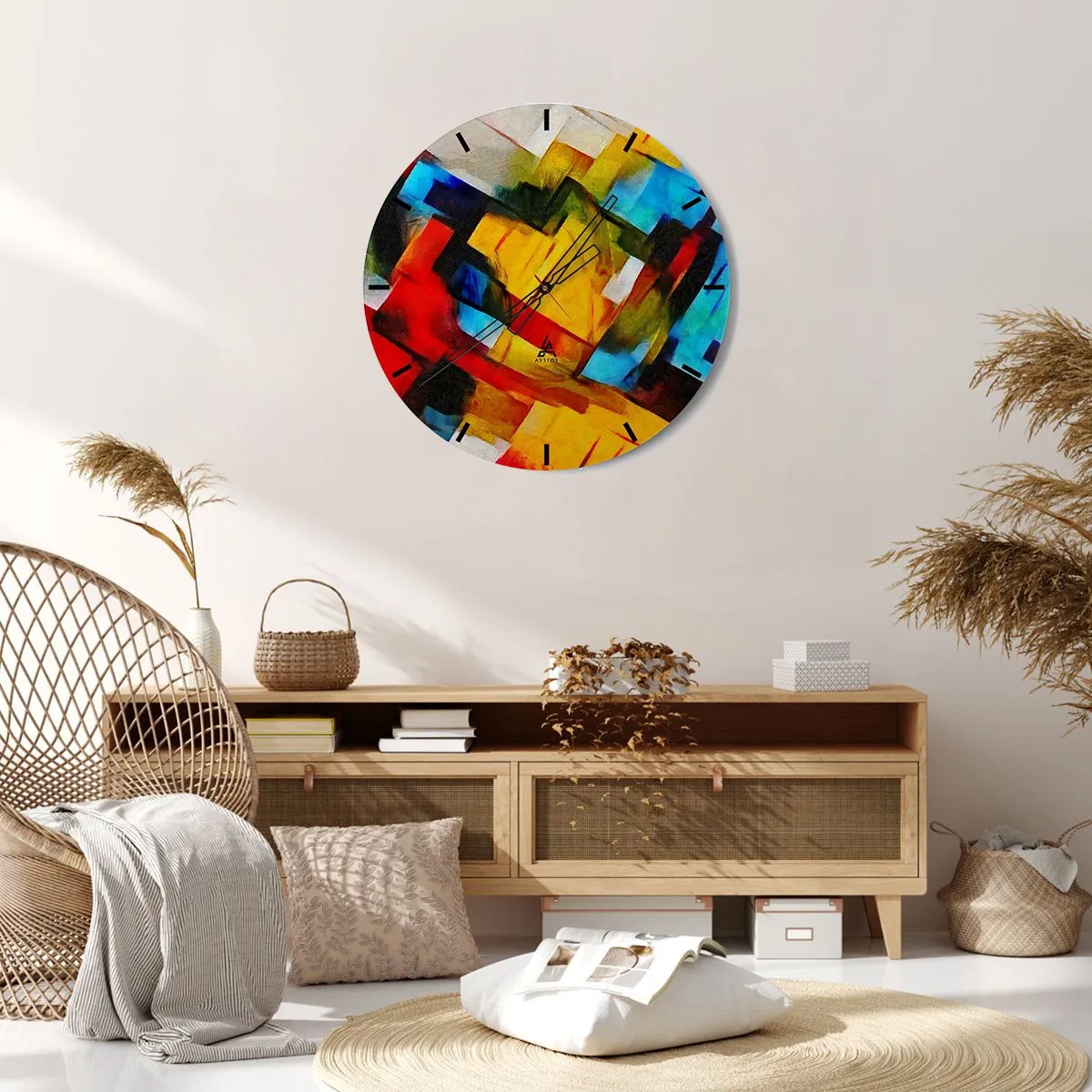 Falióra, Óra - Színes absztrakció geometriai alakzatokkal - 30x30cm - Többszínű réteges - Modern fali dekoráció nappalihoz, konyhához és hálószobához ARTTOR
