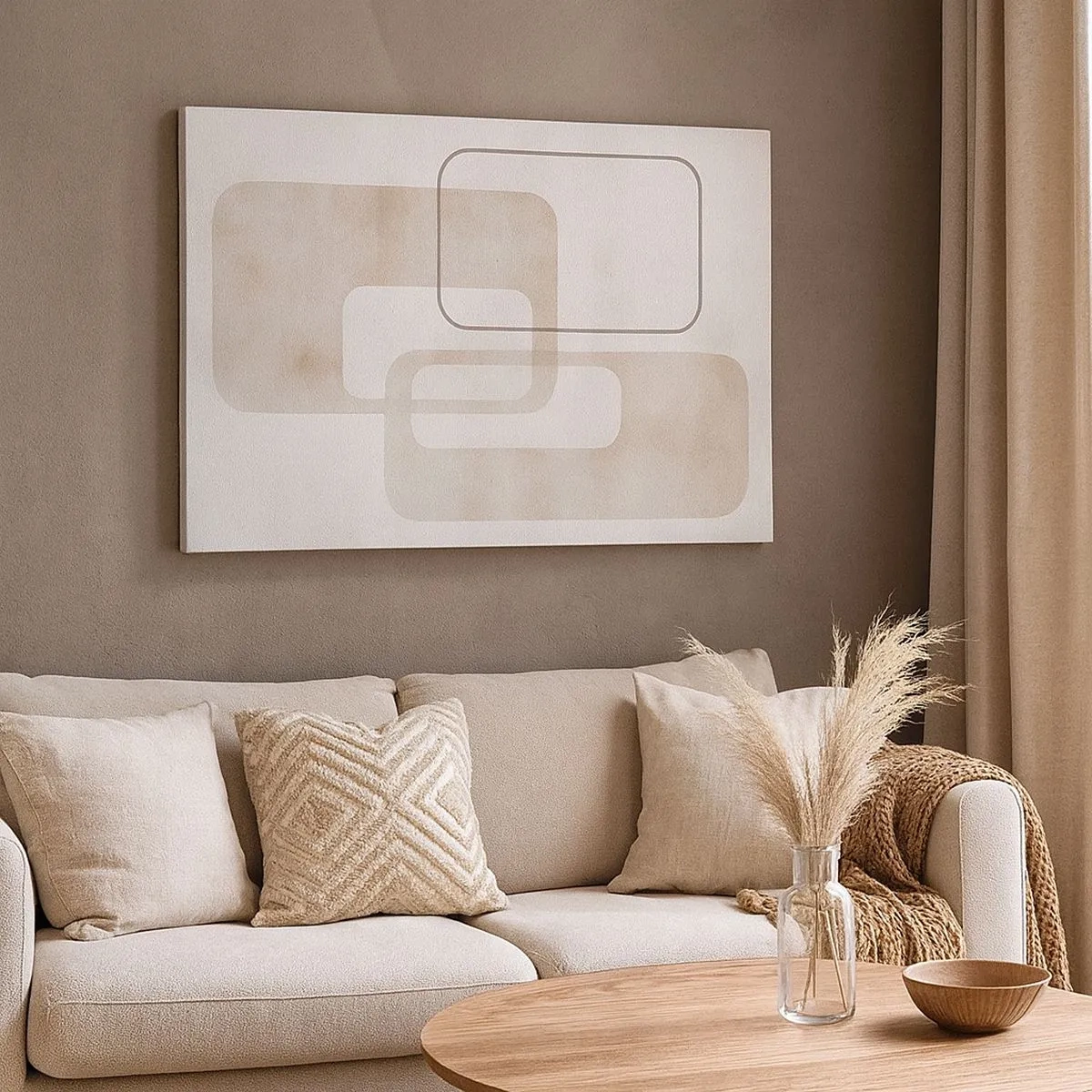 Vászonkép - Minimalista kompozíció bézs árnyalatú téglalapokkal finom háttér előtt. - 70x50cm - Geometrikus fúga - Modern fali dekoráció nappalihoz és hálószobához ARTTOR