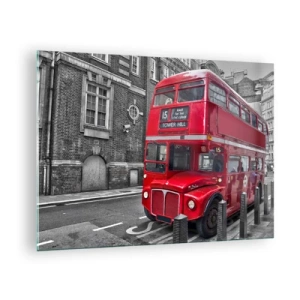 Üveg kép - Egy piros londoni busz fekete-fehér utcai háttér előtt - 70x50cm - Mindig ugyan olyan - Modern fali dekoráció nappalihoz és hálószobához ARTTOR