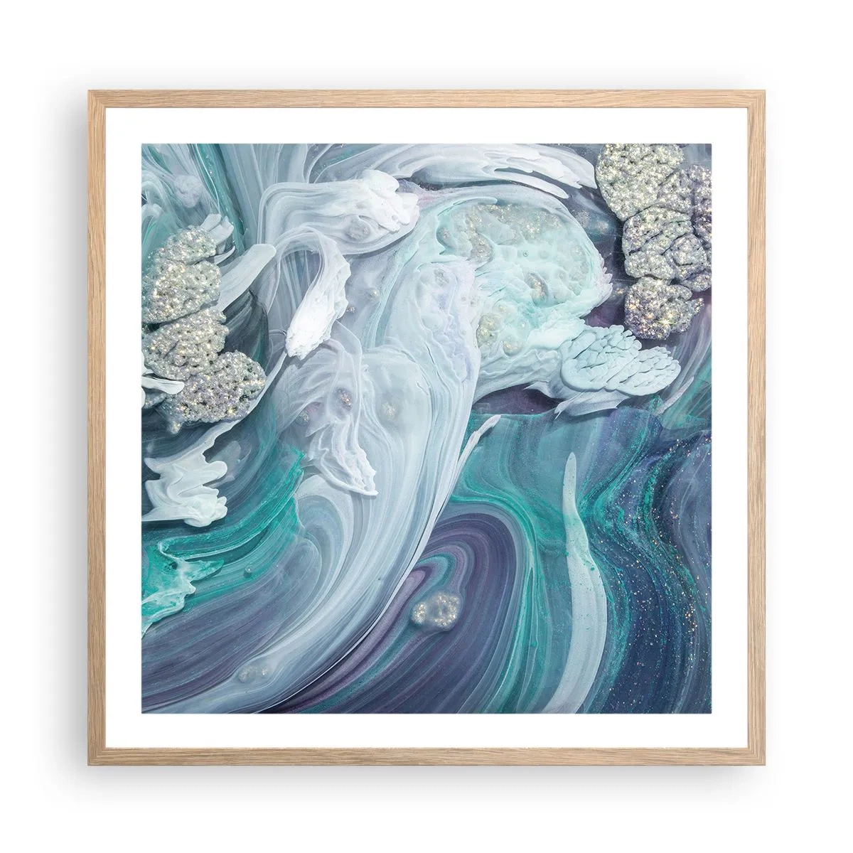 Poszter világos tölgy keretben - Kék áramlatok - 60x60 cm