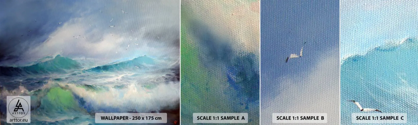 Fotótapéta Minta Öntapadós Deluxe Sticker - "A forgószél diadalmasan üvöltött...” - Vihar, Magas hullám, Madarak - 100x30 cm