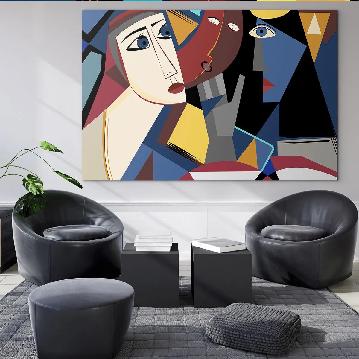 Üveg kép - Kubista arcok intenzív színekben - 70x50cm - Kubisták beszélgetése - Modern fali dekoráció nappalihoz és hálószobához ARTTOR