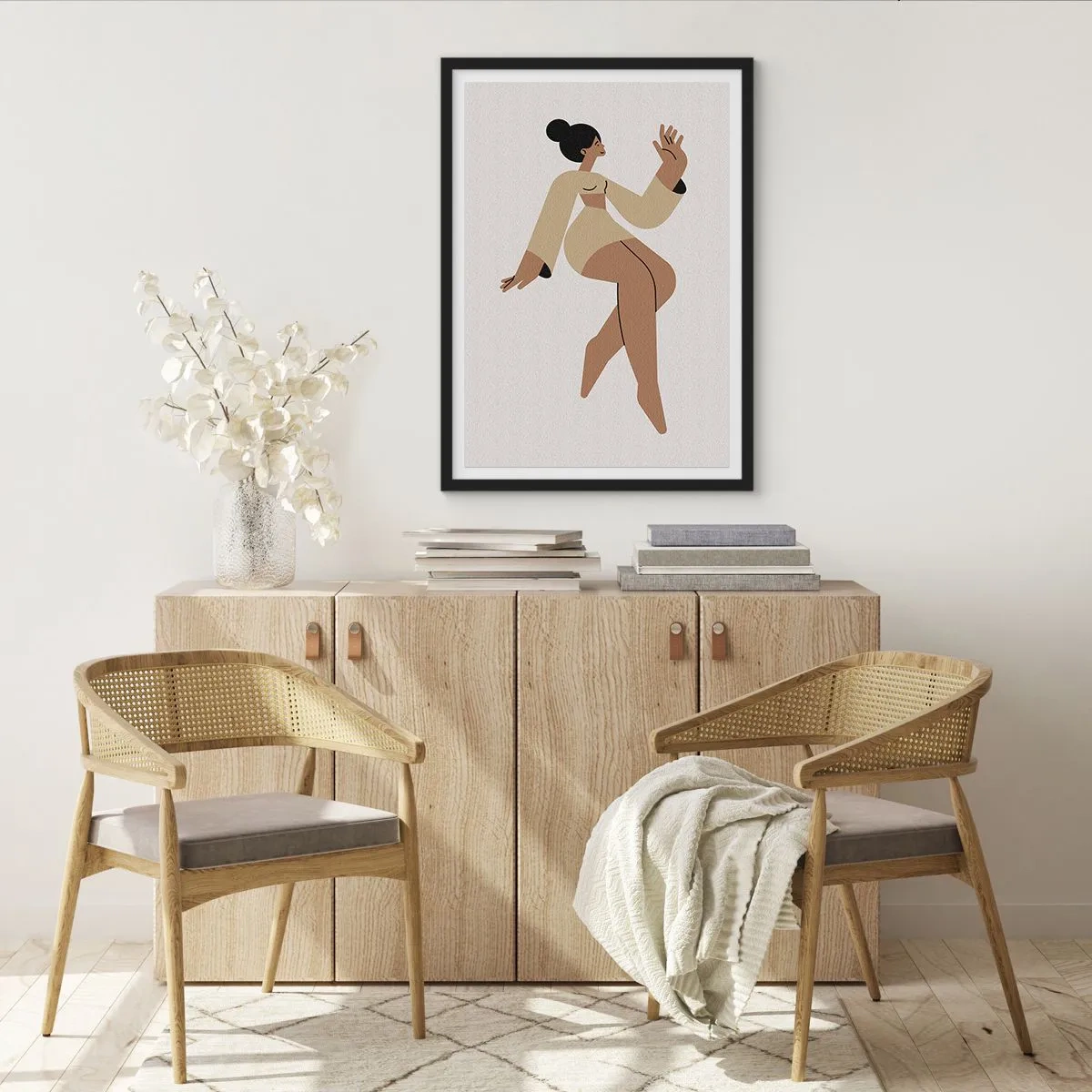 Poszter fehér keretben - Egy mozgó női alak minimalista illusztrációja. - 50x70cm - A kegyelem alakja - Modern fali dekoráció nappalihoz és hálószobához ARTTOR