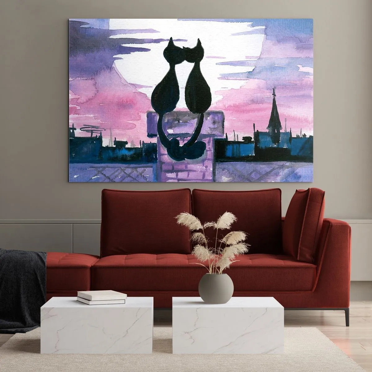 Üveg kép - Két macska sziluettje a lenyugvó nap ellen - 70x50cm - Rendez-vous a holdfénynél - Modern fali dekoráció nappalihoz és hálószobához ARTTOR