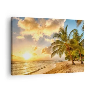 Vászonkép - Pálmafákkal teli strand és naplemente az óceán felett - 70x50cm - Örök nyár, mindig vakáció - Modern fali dekoráció nappalihoz és hálószobához ARTTOR