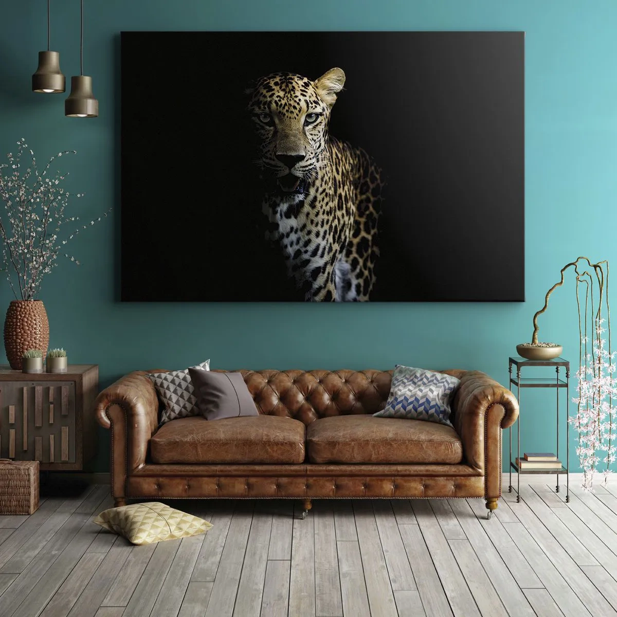 Vászonkép - Egy leopárd sötét háttér előtt, intenzív tekintettel - 70x50cm - Sötét szépség - Modern fali dekoráció nappalihoz és hálószobához ARTTOR