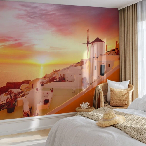 Fotótapéta Premium Sand - Szétfolyni a fehérben és aranyban - Tájkép, Santorini, Görögország - 100x70 cm