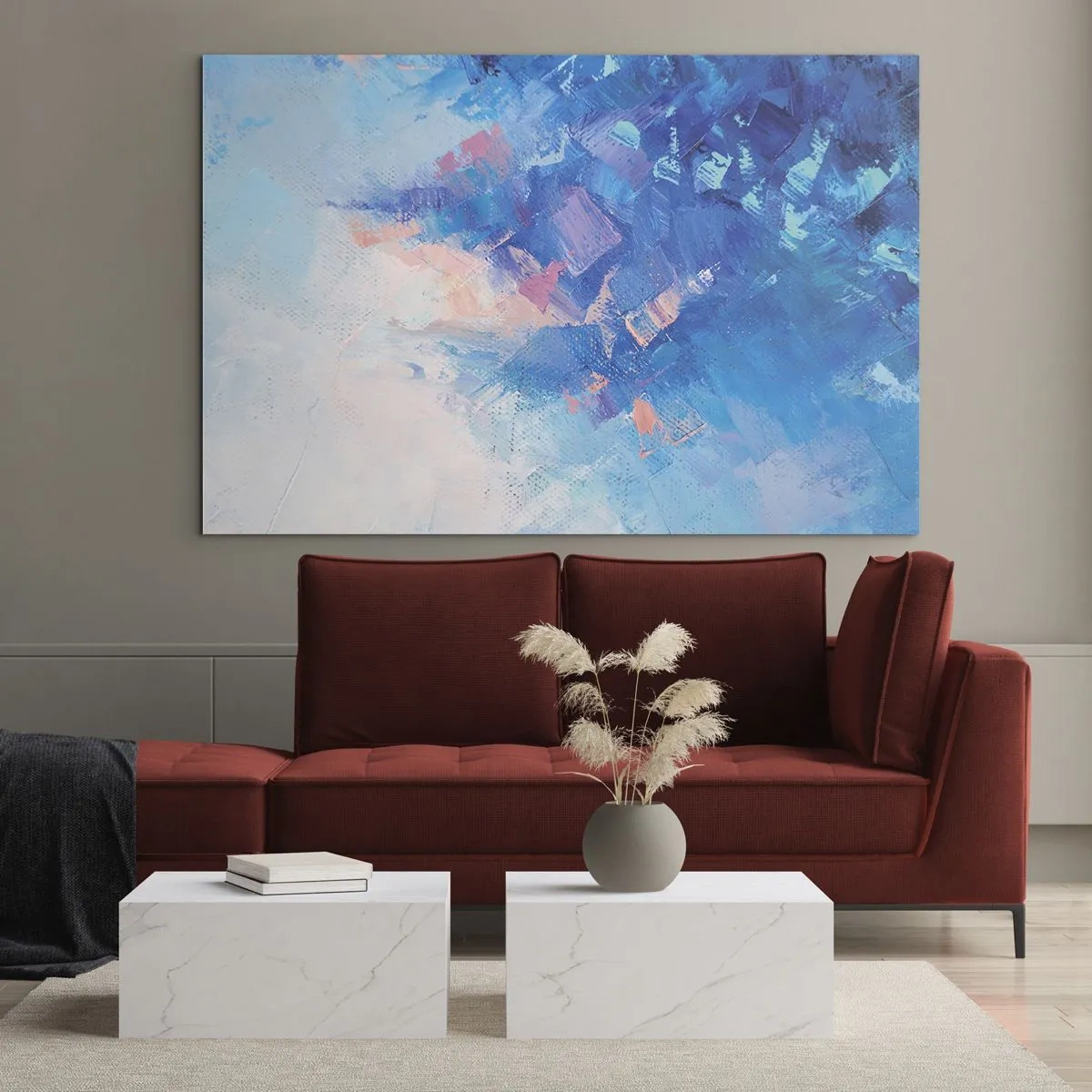 Üveg kép - Absztrakt téli táj hűvös kék és lágy rózsaszín árnyalatokkal - 70x50cm - Téli absztrakció - Modern fali dekoráció nappalihoz és hálószobához ARTTOR
