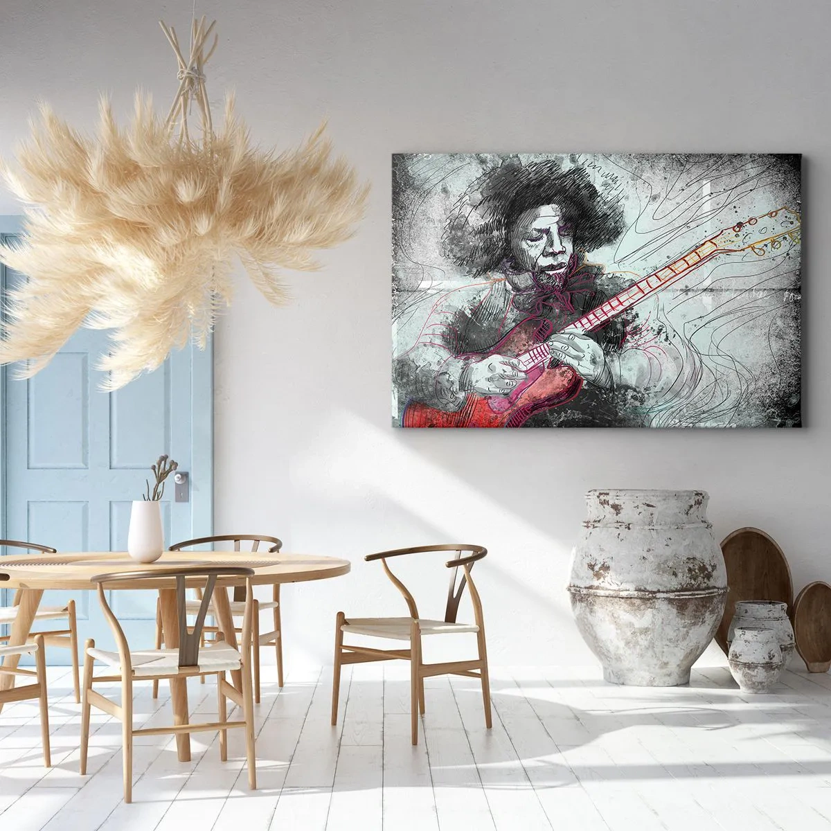 Vászonkép - Gitáros művészi portréja vázlat technikával - 70x50cm - A zene hullámain - Modern fali dekoráció nappalihoz és hálószobához ARTTOR