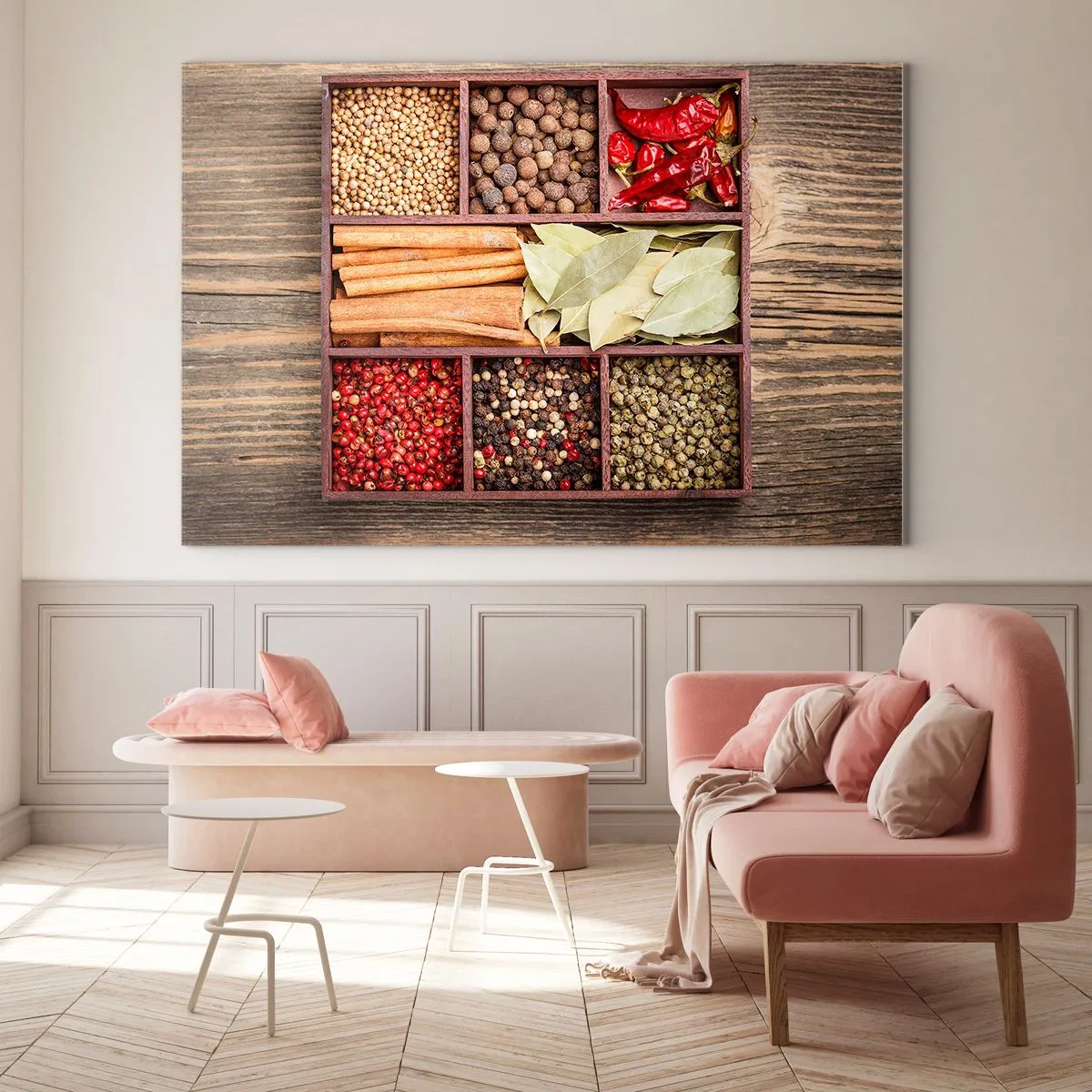 Üveg kép - Színes fűszerek fa rekeszekben - 70x50cm - Formarend, aromacsokor - Modern fali dekoráció nappalihoz és hálószobához ARTTOR