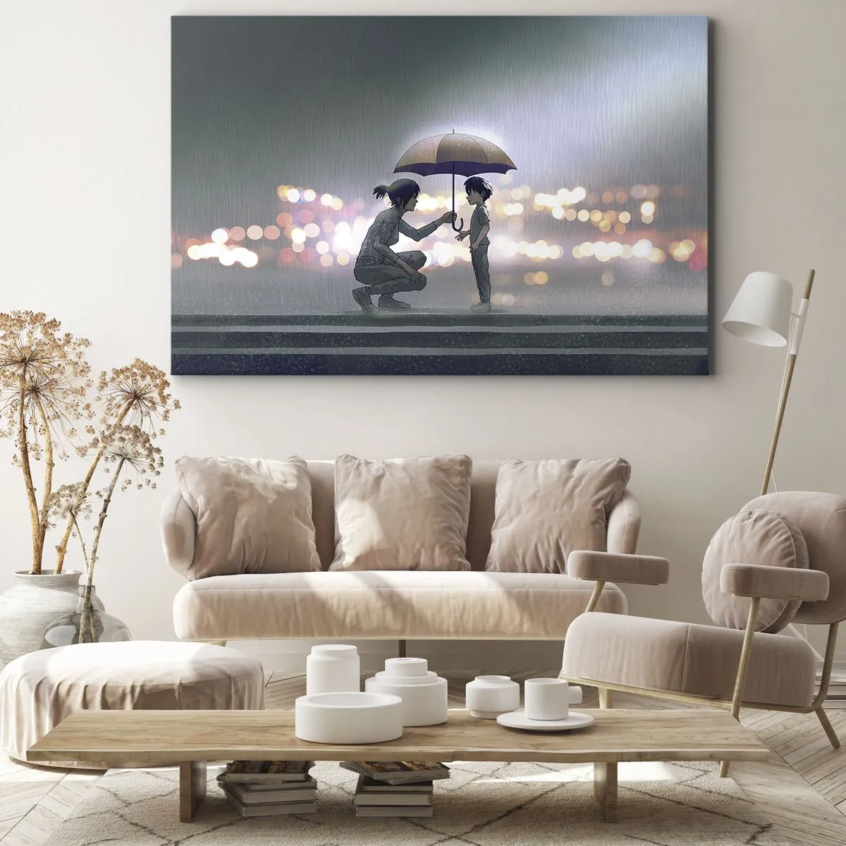 Vászonkép - Egy esernyős alak védi a gyermeket az éjszakai fények hátterében. - 70x50cm - És most minden rendben - Modern fali dekoráció nappalihoz és hálószobához ARTTOR