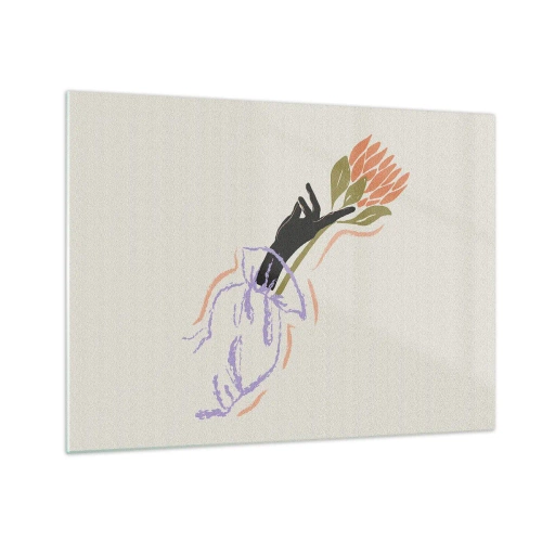 Üveg kép - Egy stilizált kéz, pasztell vonalakkal rajzolt virágcsokorral. - 70x50cm - Egy testvéri érintés - Modern fali dekoráció nappalihoz és hálószobához ARTTOR