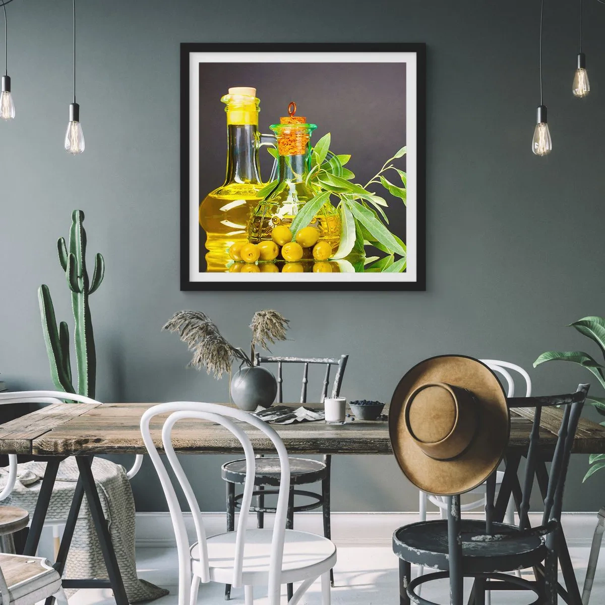 Poszter fehér keretben - Csendélet olívabogyóval és olívaolajjal - 50x50 cm