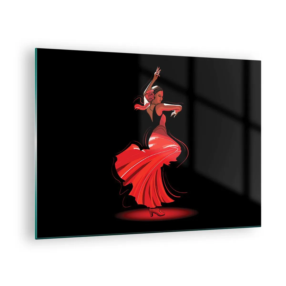 Üveg kép - Flamenco táncos piros ruhában, fekete háttér előtt - 70x50cm - A flamenco tüzes szelleme - Modern fali dekoráció nappalihoz és hálószobához ARTTOR