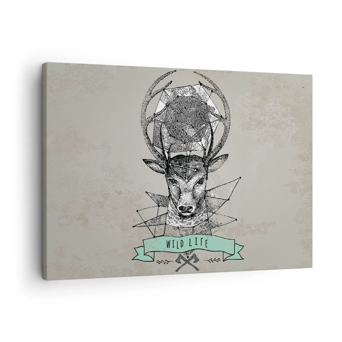Vászonkép - Vintage stílusú szarvas geometria Wild Life felirattal - 70x50cm - Szt. Hubertus látomása - Modern fali dekoráció nappalihoz és hálószobához ARTTOR