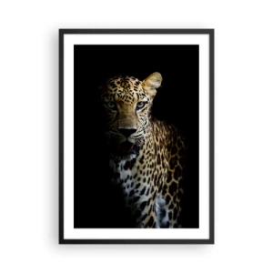 Poszter fehér keretben - Egy leopárd sötét háttér előtt, élénk szőrrészletekkel. - 50x70cm - Sötét szépség - Modern fali dekoráció nappalihoz és hálószobához ARTTOR