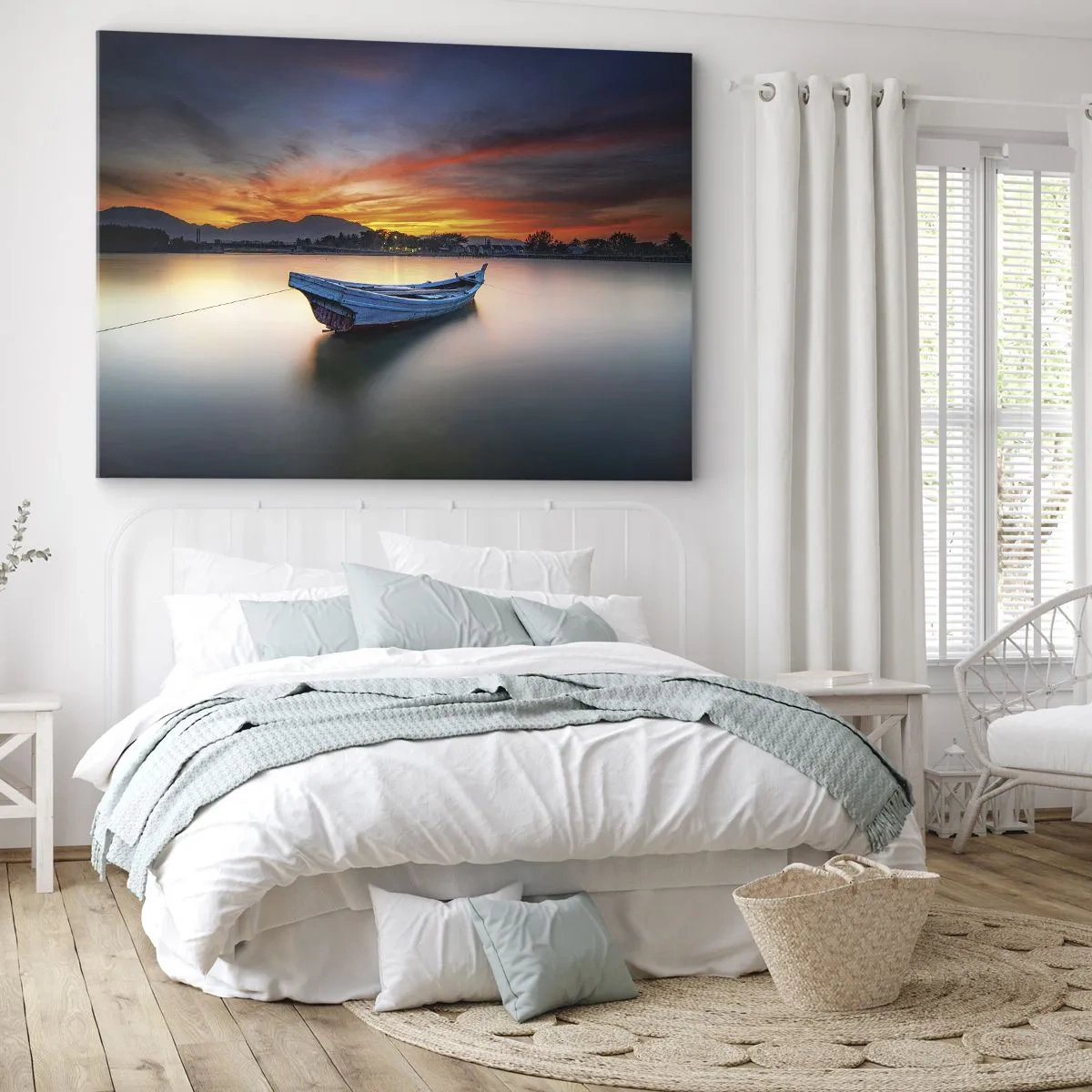 Vászonkép - Egy hajó a vízen egy festői naplemente alatt - 70x50cm - Jó éjszaka jön - Modern fali dekoráció nappalihoz és hálószobához ARTTOR