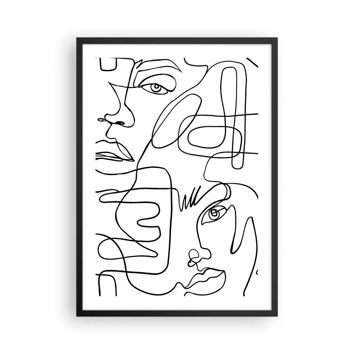 Poszter fehér keretben - Egy vonallal rajzolt absztrakt arcok - 50x70cm - Összegabalyodott érzelmekben - Modern fali dekoráció nappalihoz és hálószobához ARTTOR