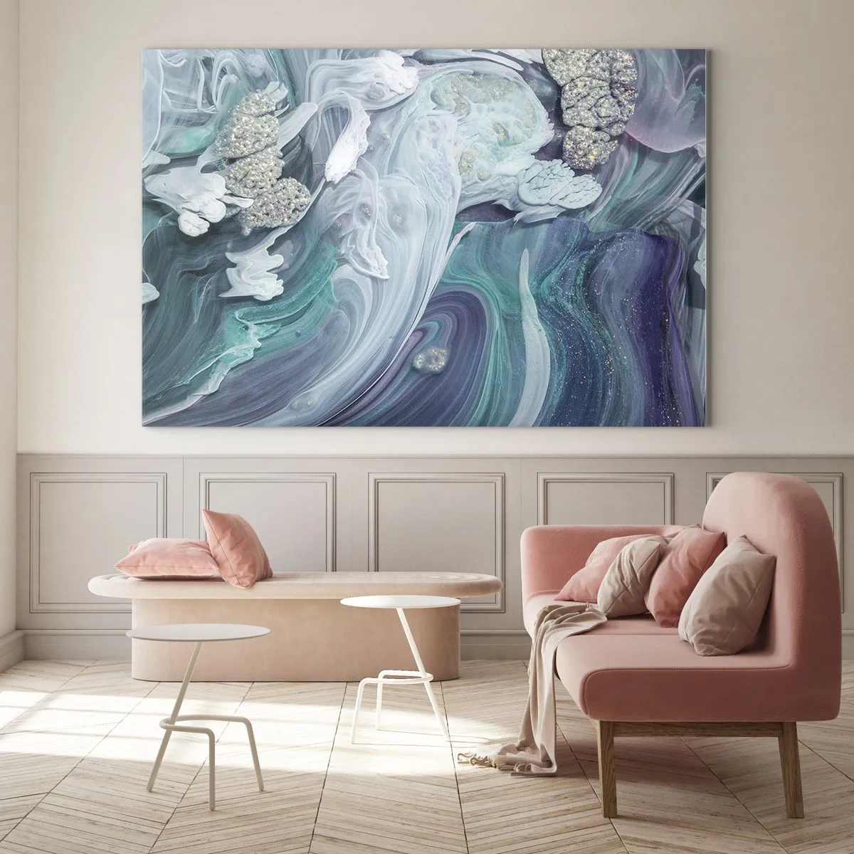 Üveg kép - Egy absztrakt kompozíció kék, lila és fehér árnyalataiban. - 70x50cm - Kék áramlatok - Modern fali dekoráció nappalihoz és hálószobához ARTTOR