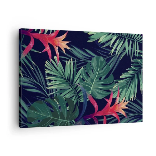 Vászonkép - Trópusi levelek és virágok sötét háttér előtt - 70x50cm - Zölden égni - Modern fali dekoráció nappalihoz és hálószobához ARTTOR