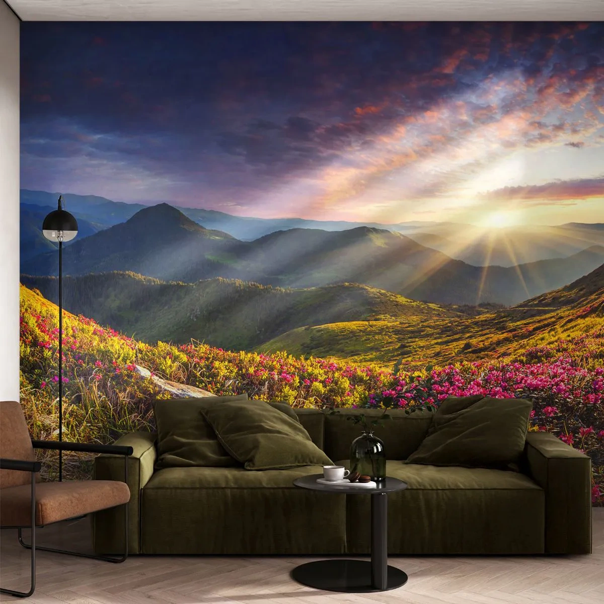 Fotótapéta Standard Eco - A Hegyi reggeli frissesség - Tájkép, Hegyek, Virágok - 200x140 cm