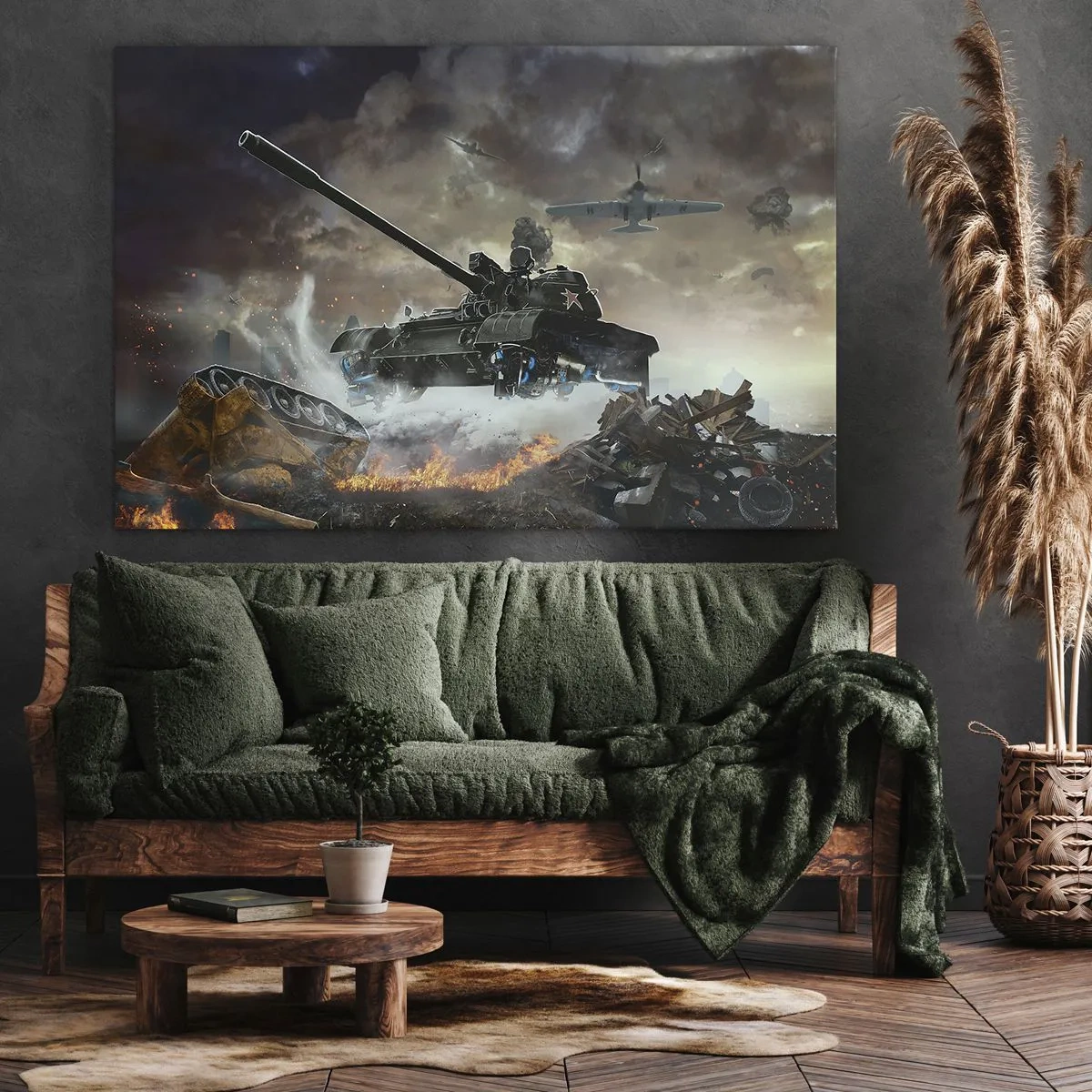 Vászonkép - Csatajelenet tankokkal és repülőgépekkel a háttérben - 70x50cm - A csata szörnyű és gyönyörű - Modern fali dekoráció nappalihoz és hálószobához ARTTOR