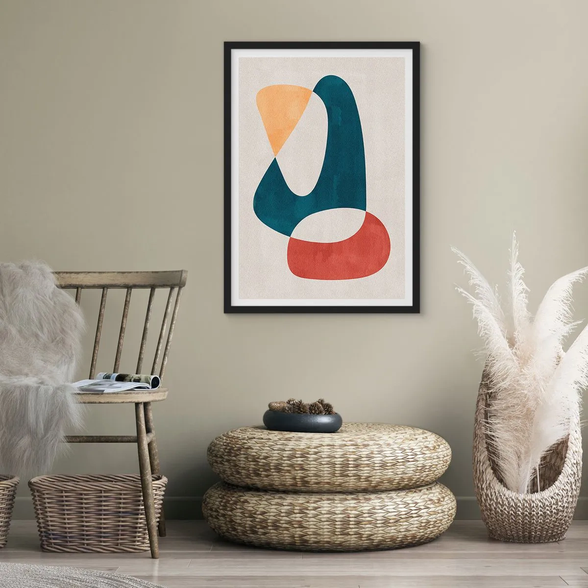 Poszter fehér keretben - Geometriai formák absztrakt kompozíciója meleg színekben. - 50x70cm - Befolyások és metamorfózisok - Modern fali dekoráció nappalihoz és hálószobához ARTTOR