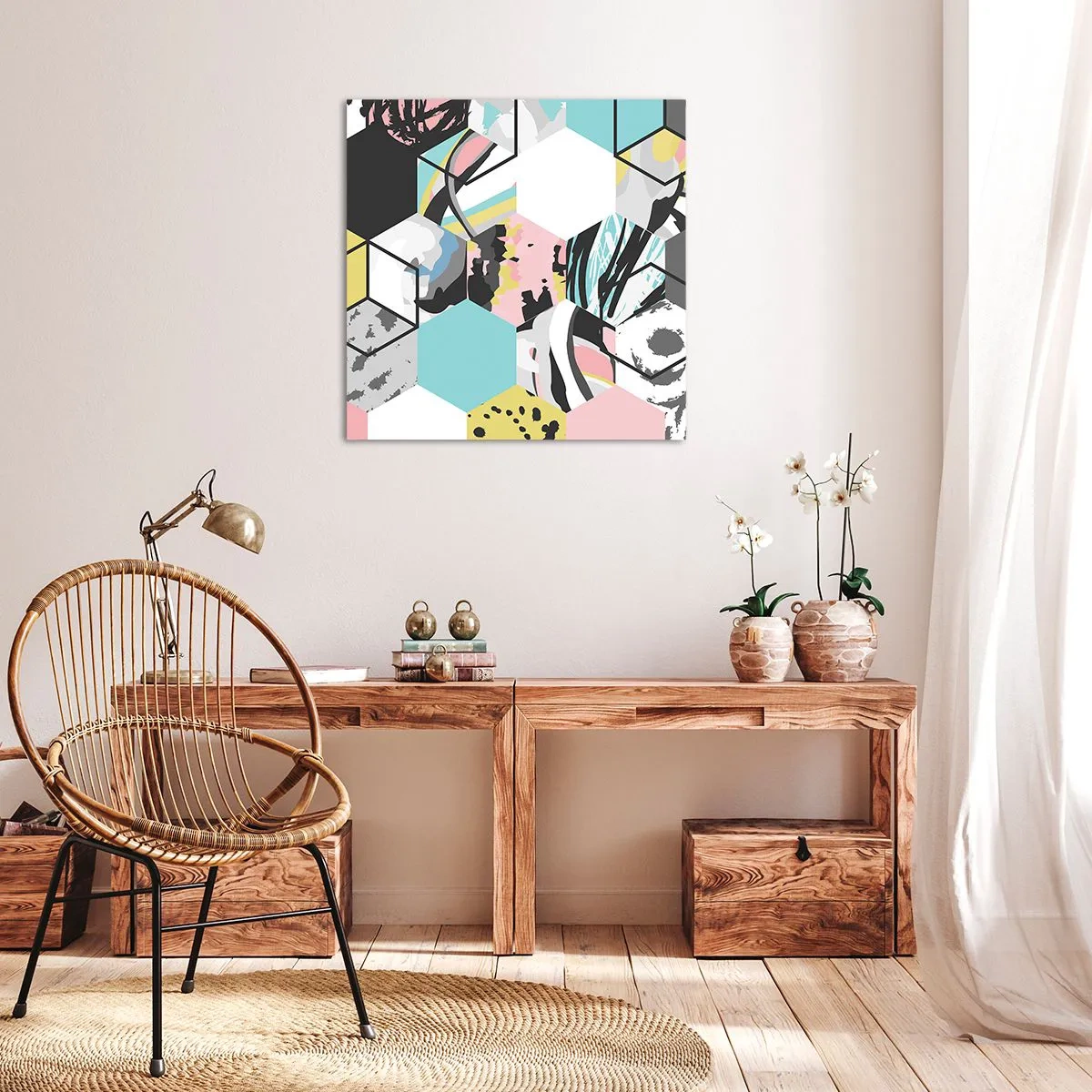 Vászonkép - Hatszögek és kockák hat színben - 60x60 cm