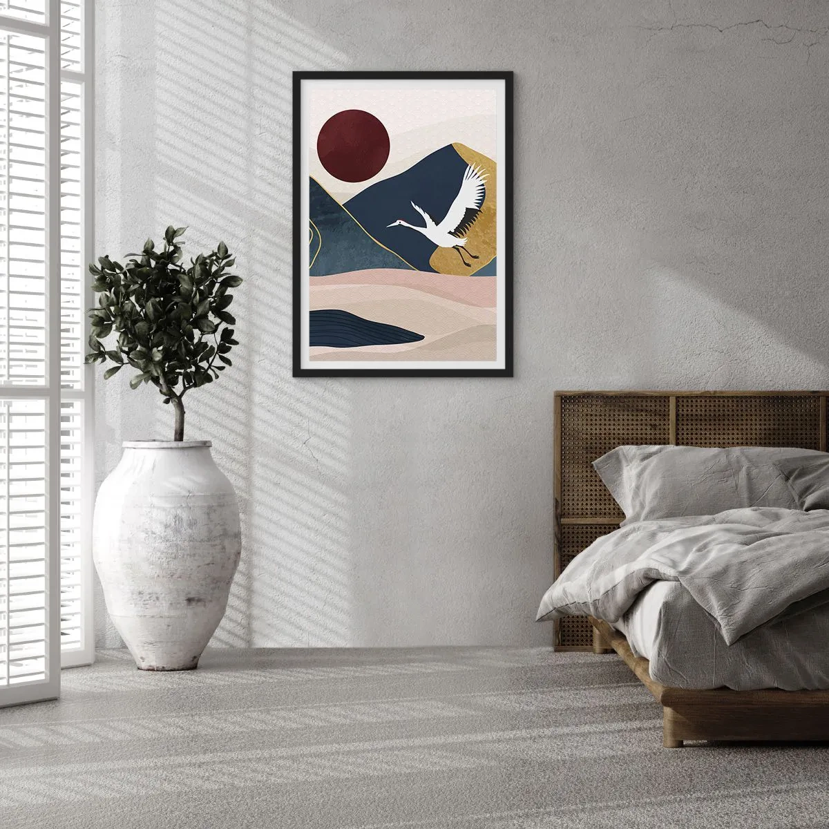 Poszter fehér keretben - Minimalista grafika daruval és hegyi tájjal - 50x70cm - És ismét ELREPÜLT a nap - Modern fali dekoráció nappalihoz és hálószobához ARTTOR