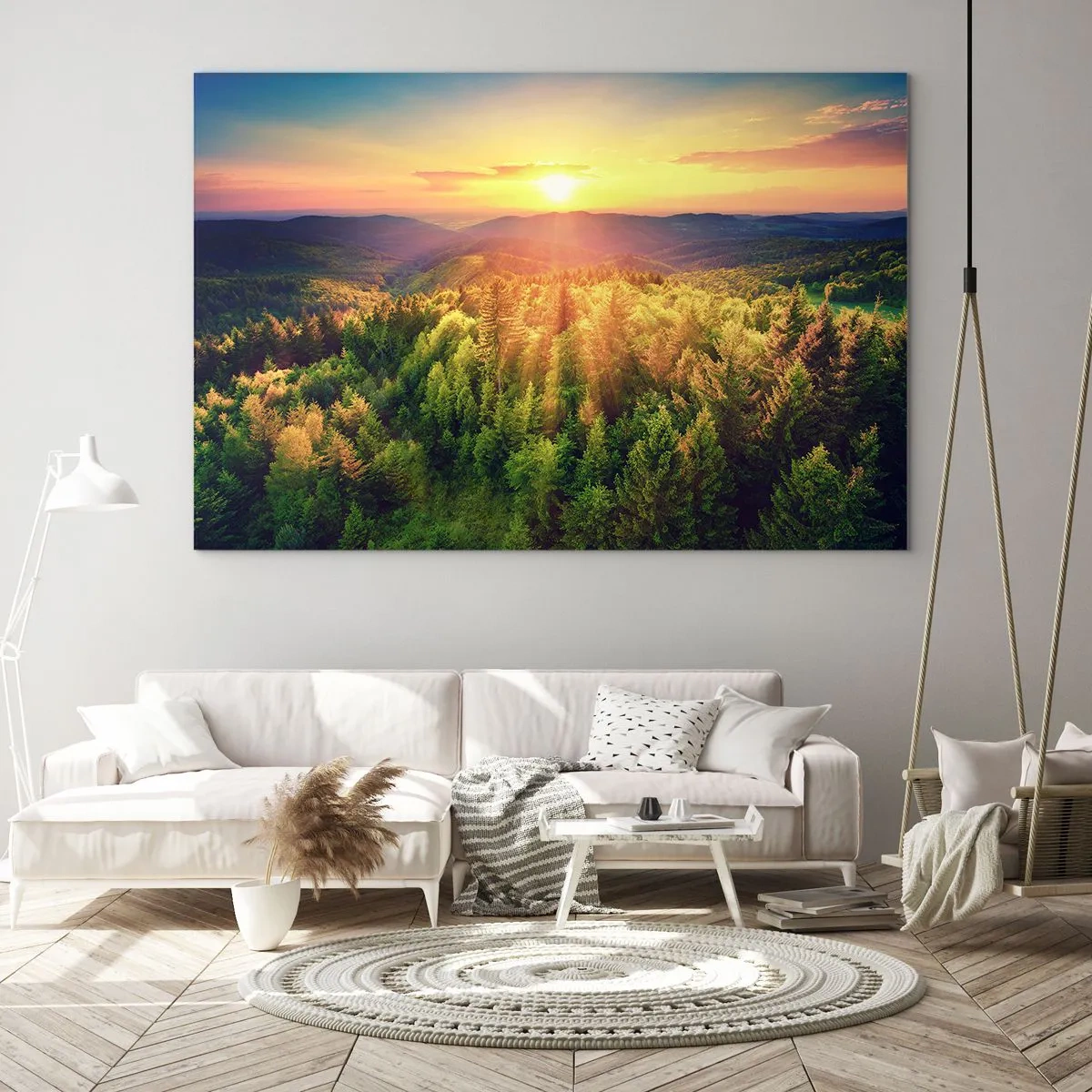 Üveg kép - Naplemente egy hegyi erdő felett, kilátással a völgyekre - 70x50cm - Hegytetők és csúcsok - Modern fali dekoráció nappalihoz és hálószobához ARTTOR