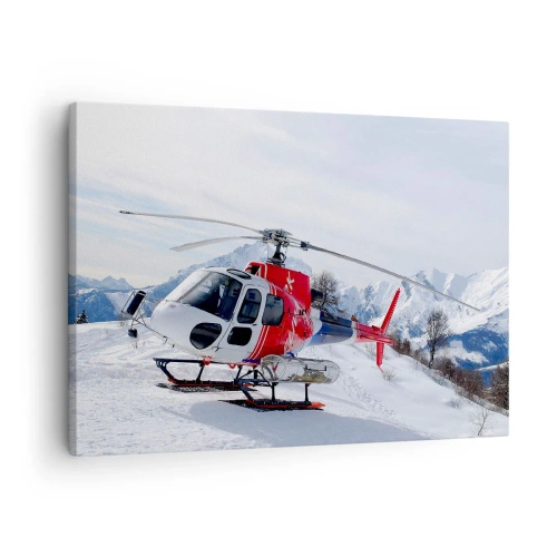 Vászonkép - Egy piros helikopter havas hegyi táj előtt. - 70x50cm - Mindig készen - Modern fali dekoráció nappalihoz és hálószobához ARTTOR