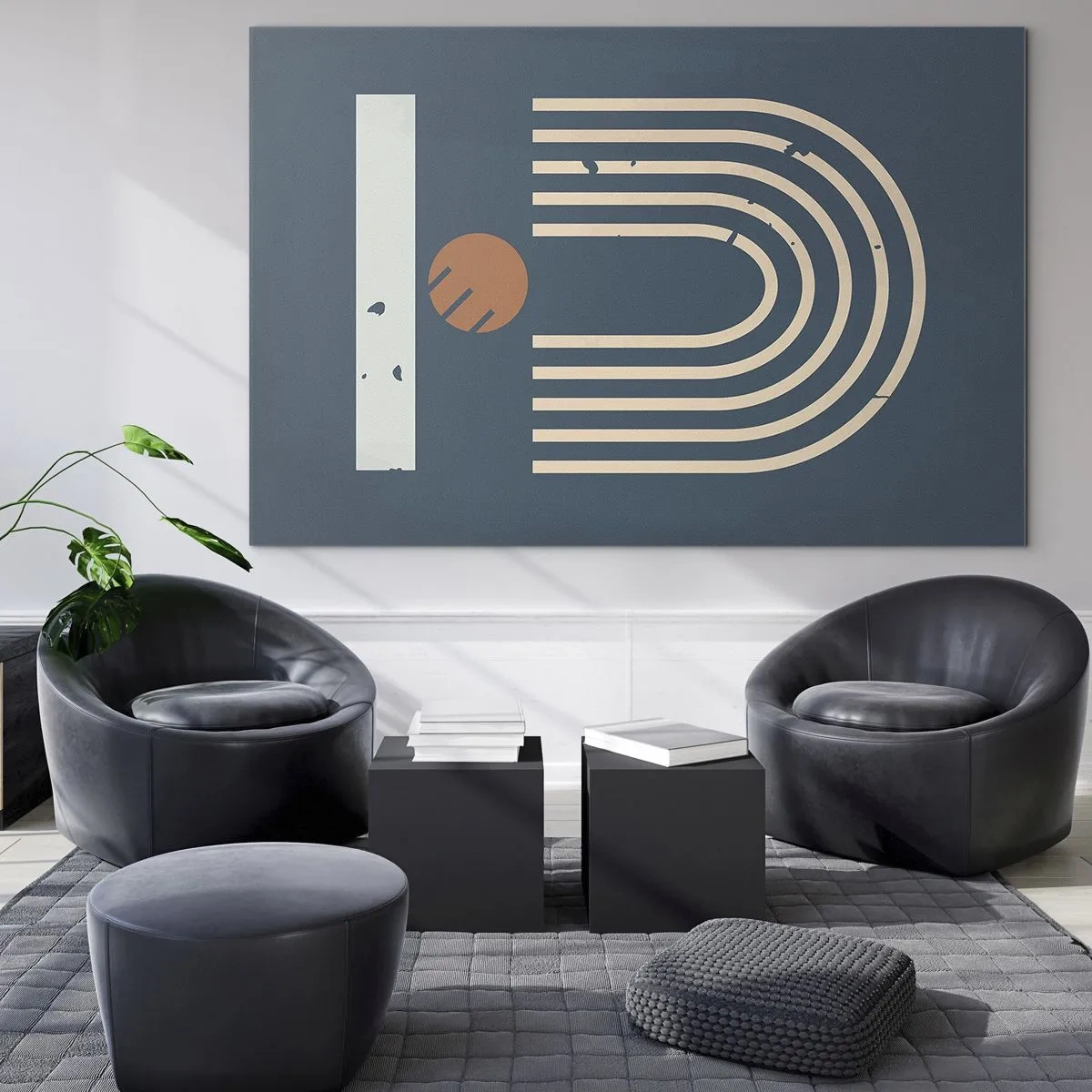 Üveg kép - Geometrikus retro kompozíció sötét háttéren - 70x50cm - Geometria sötétkék háttéren - Modern fali dekoráció nappalihoz és hálószobához ARTTOR