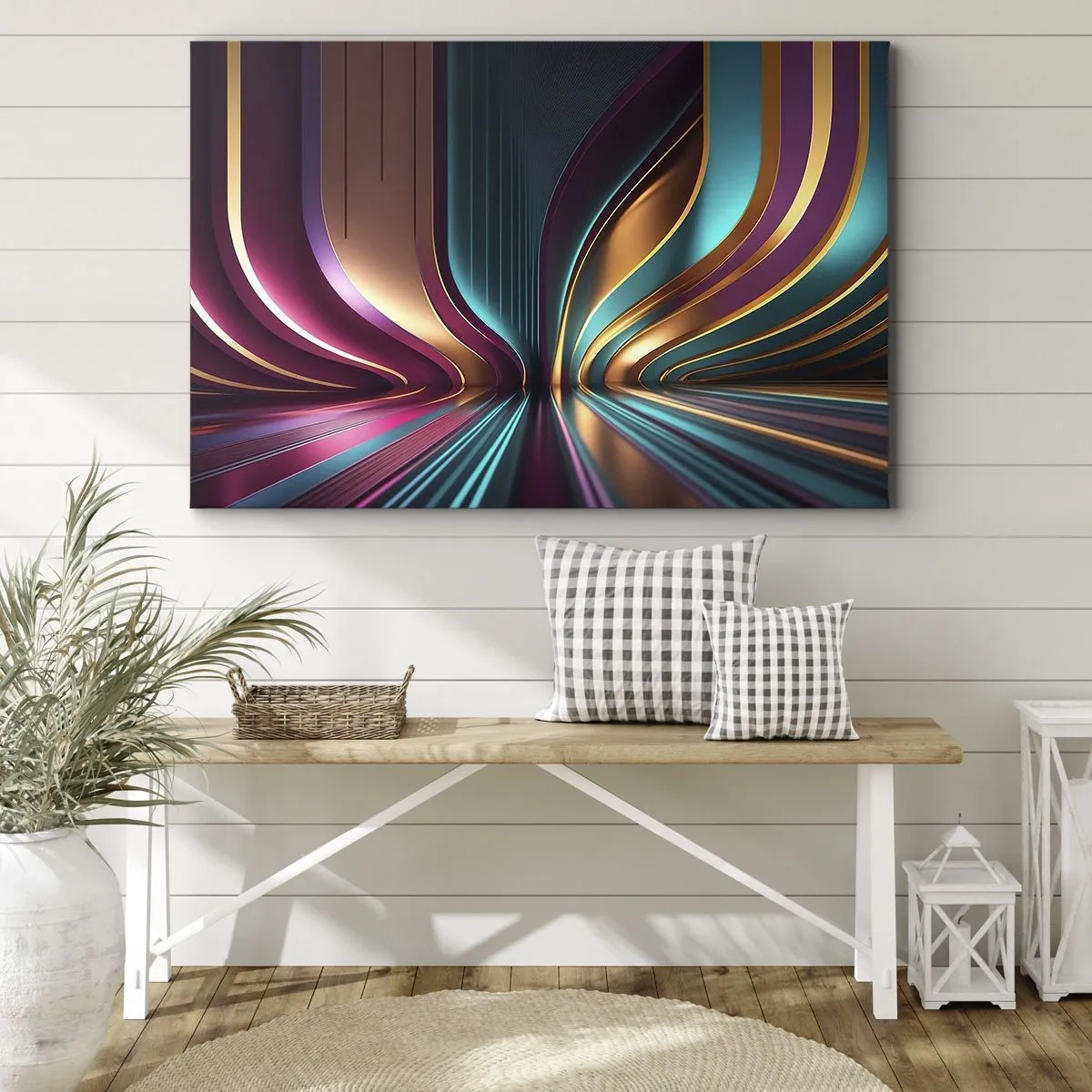 Vászonkép - Futurisztikus absztrakció intenzív színekkel és ívekkel - 70x50cm - A fény építészete - Modern fali dekoráció nappalihoz és hálószobához ARTTOR