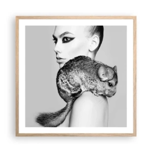 Poszter világos tölgy keretben - Hölgy csincsillával - 60x60 cm