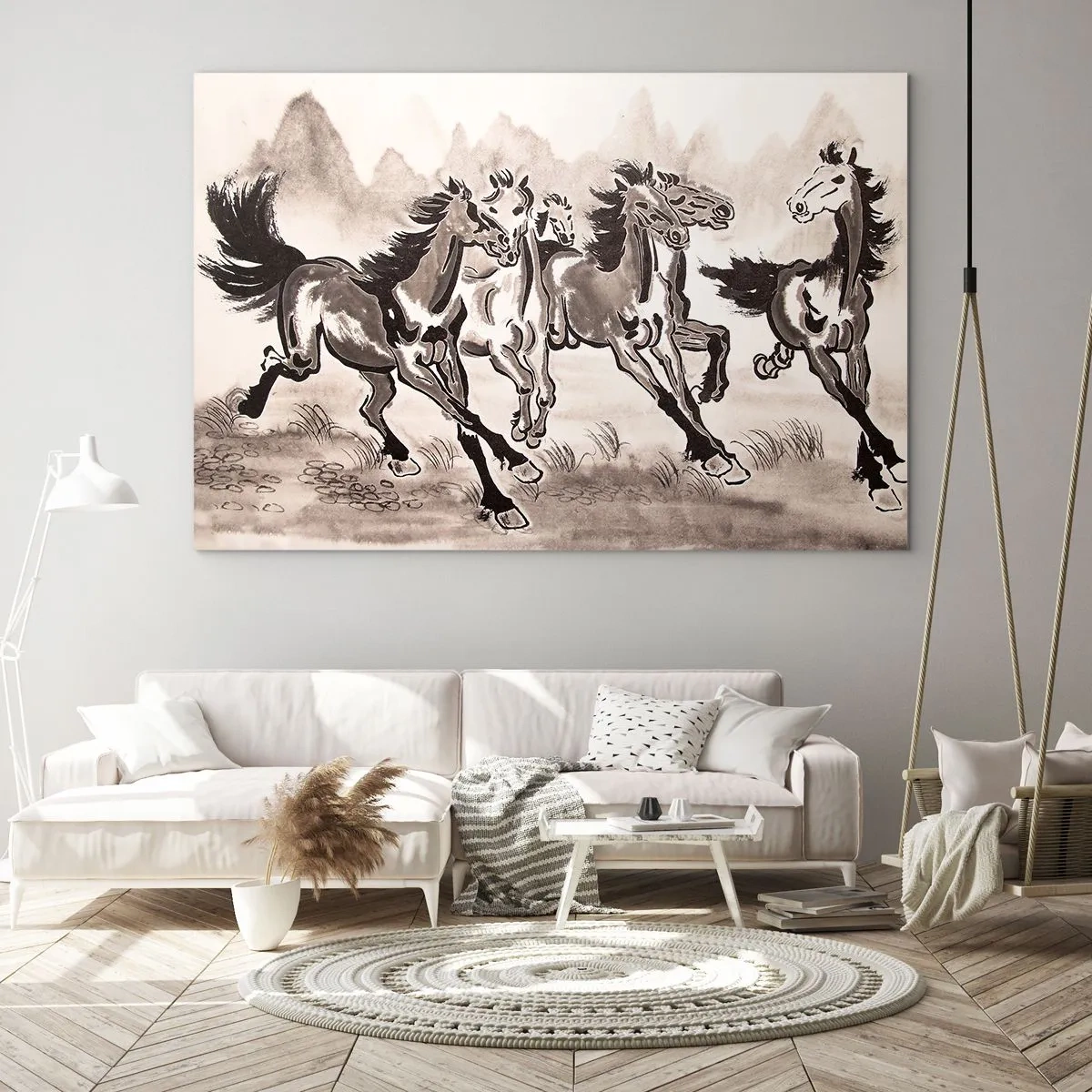 Üveg kép - Egy csoport vágtató ló kínai stílusban - 70x50cm - Örömteli vágtában - Modern fali dekoráció nappalihoz és hálószobához ARTTOR