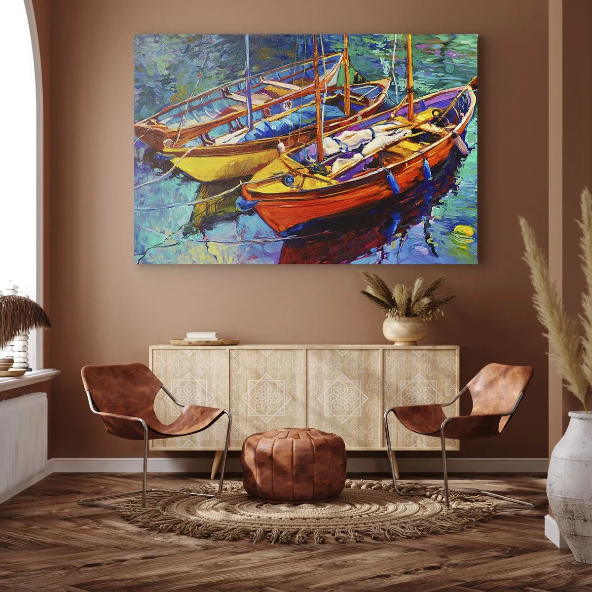 Vászonkép - Színes hajók nyugodt vízen - 70x50cm - Színektől sűrű vízen - Modern fali dekoráció nappalihoz és hálószobához ARTTOR