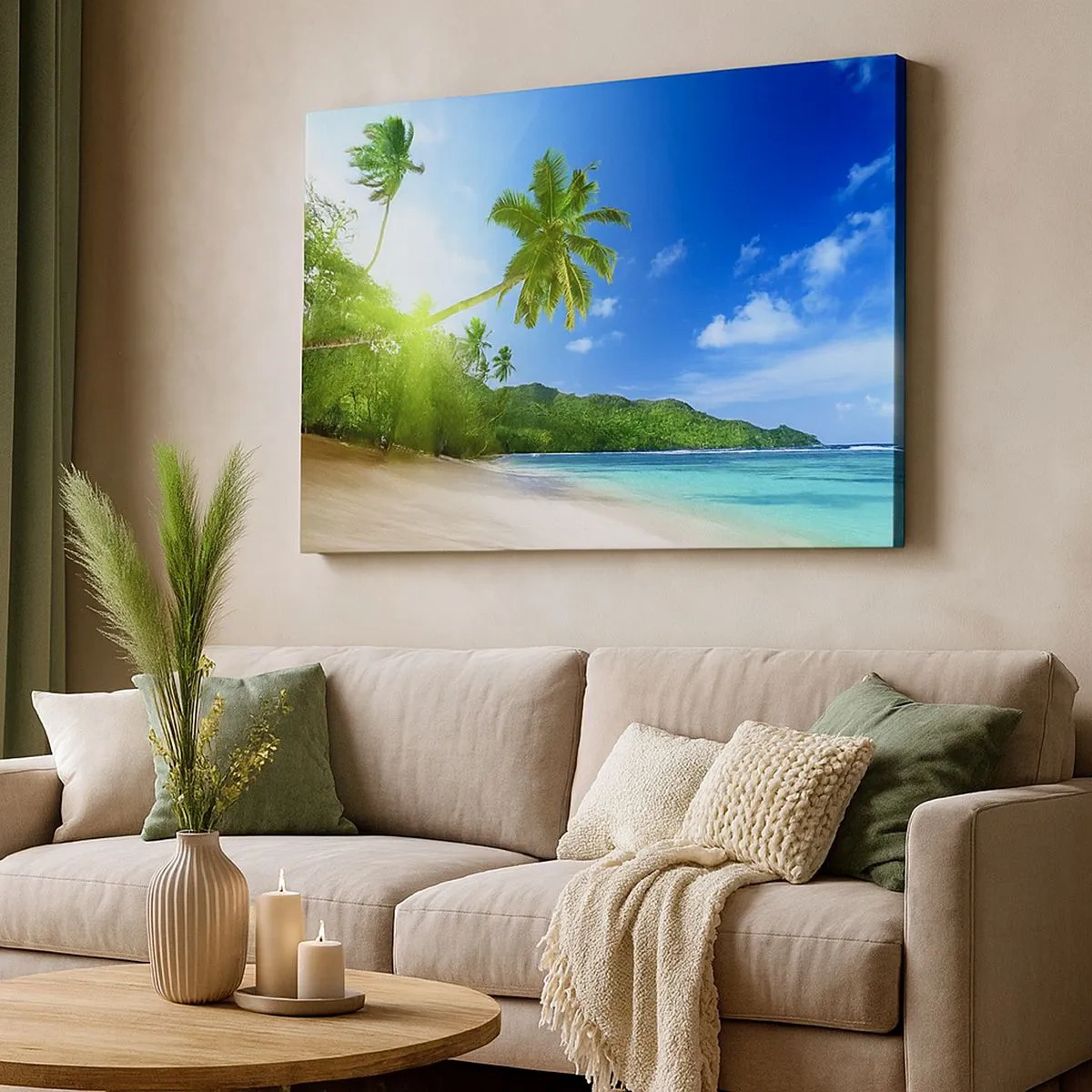 Vászonkép - Trópusi strand pálmafákkal és türkizkék tengerrel - 70x50cm - A trópusok gyengéd érintése - Modern fali dekoráció nappalihoz és hálószobához ARTTOR