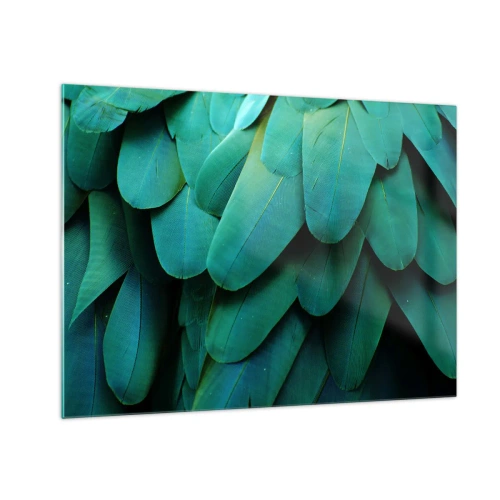 Üveg kép - Egy papagáj intenzív zöld tollai közeli képe. - 70x50cm - A papagájtermészet precizitása - Modern fali dekoráció nappalihoz és hálószobához ARTTOR