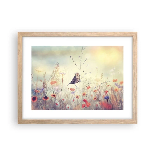 Poszter világos tölgy keretben - Madárportré egy réttel a háttérben - 40x30 cm
