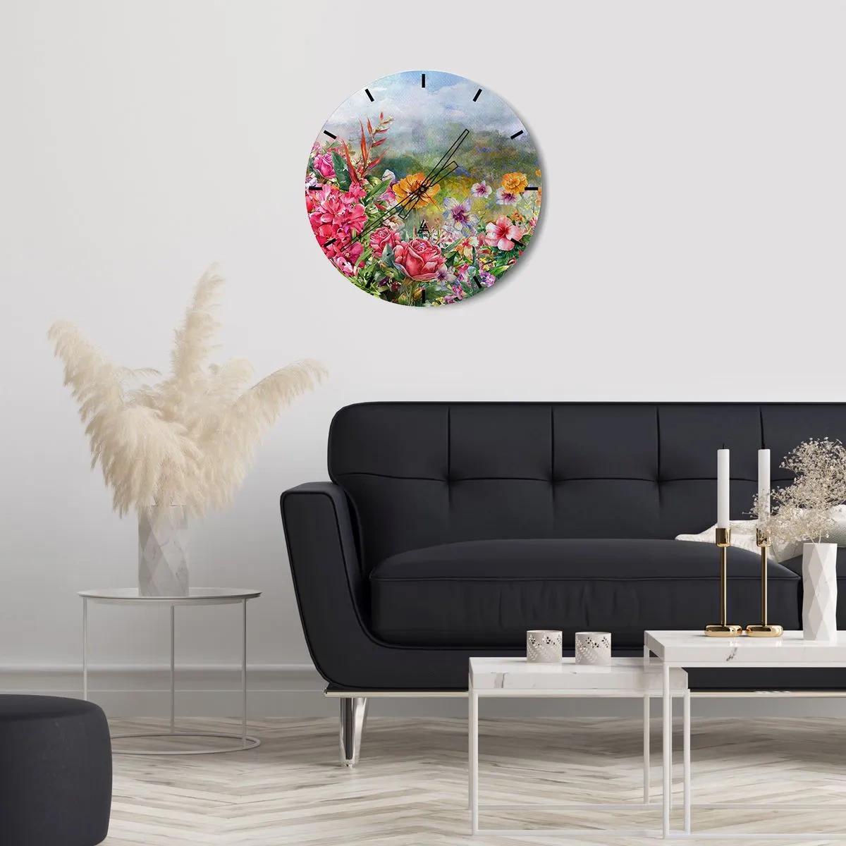 Falióra, Óra - Egy színes kert tele virágokkal, egy tájkép hátterében - 30x30cm - A kert, amelyik megőrült - Modern fali dekoráció nappalihoz, konyhához és hálószobához ARTTOR