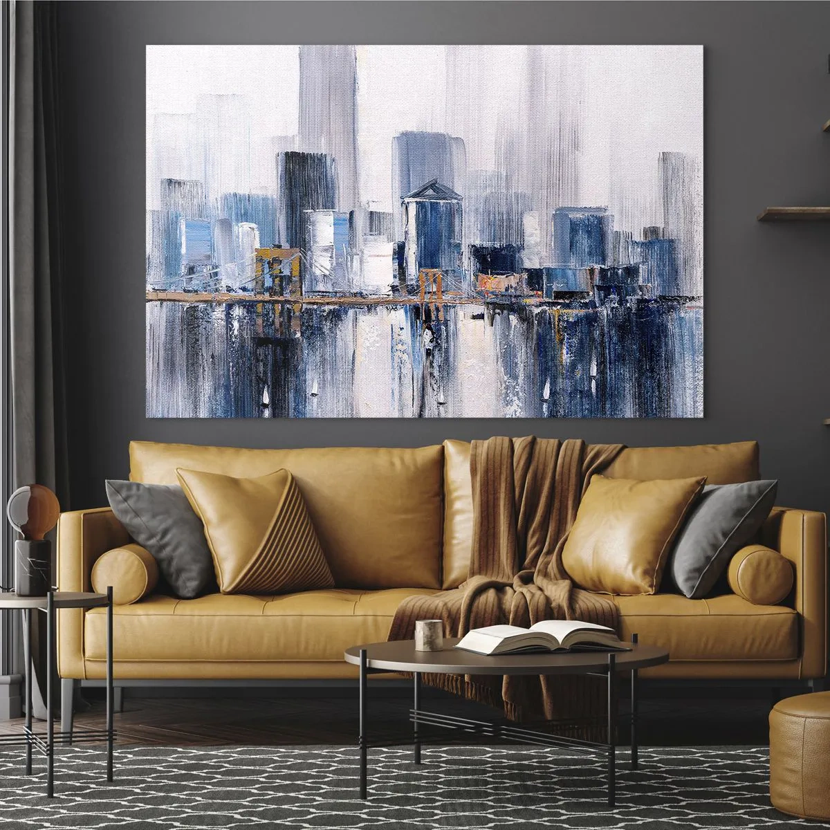 Üveg kép - Absztrakt városi panoráma felhőkarcolókkal és egy híddal, hűvös színekben - 70x50cm - New York-i benyomás - Modern fali dekoráció nappalihoz és hálószobához ARTTOR