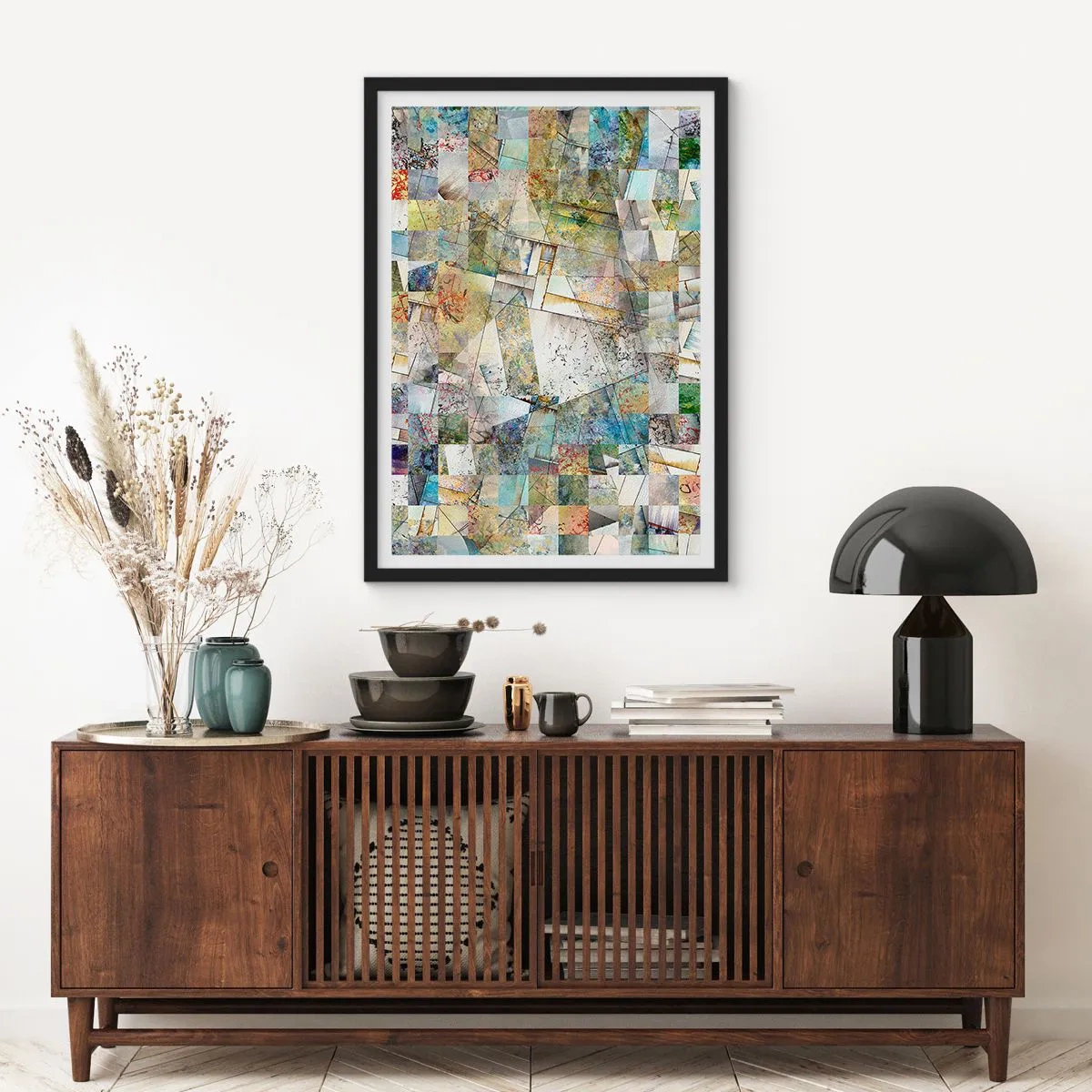Poszter fehér keretben - Geometriai formák absztrakt mozaikja földszínű árnyalatokban. - 50x70cm - Geometrikus átrendeződés - Modern fali dekoráció nappalihoz és hálószobához ARTTOR