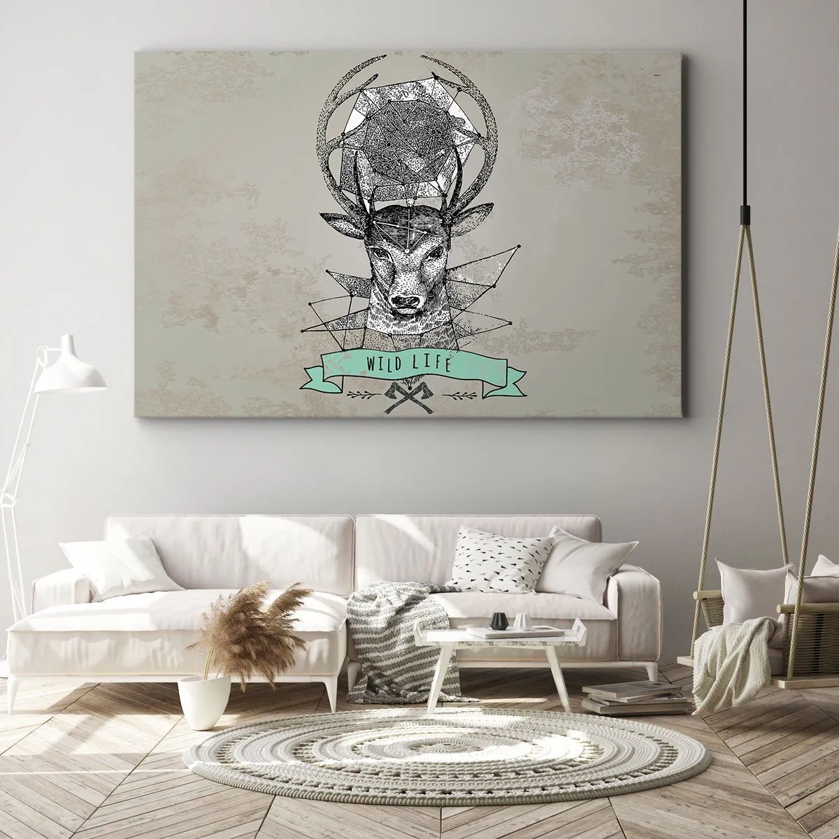 Vászonkép - Vintage stílusú szarvas geometria Wild Life felirattal - 70x50cm - Szt. Hubertus látomása - Modern fali dekoráció nappalihoz és hálószobához ARTTOR