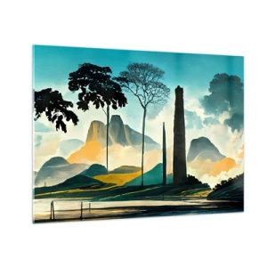 Üveg kép - Egy fantázia táj hegyekkel, fákkal és egy magasodó sziklával - 70x50cm - Mindíg magasabbra és magasabbra - Modern fali dekoráció nappalihoz és hálószobához ARTTOR