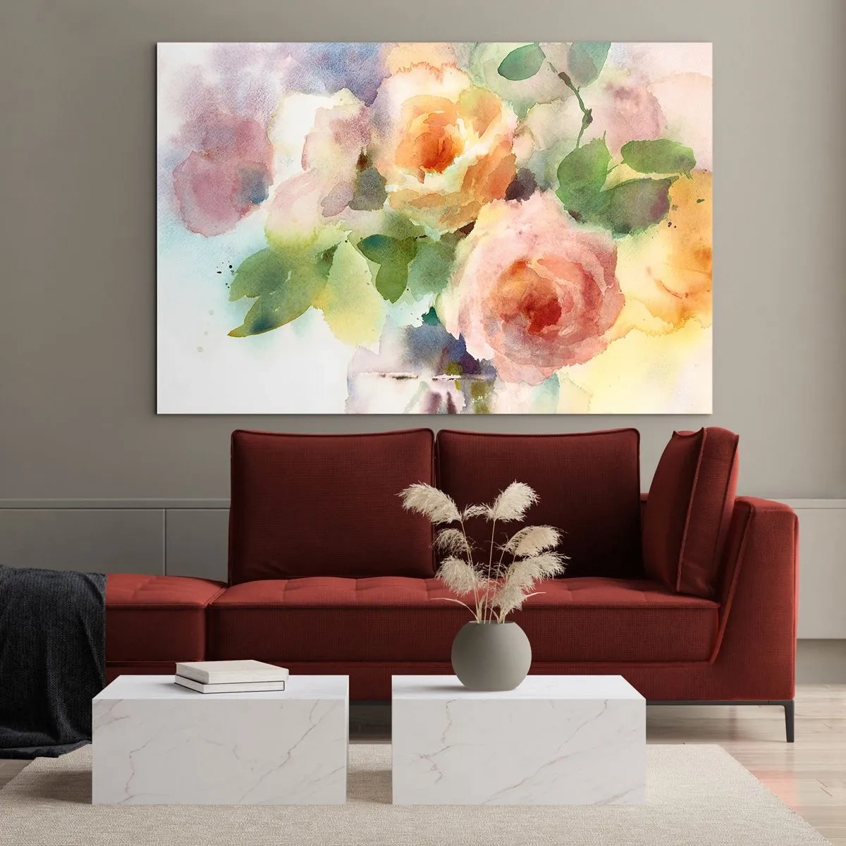 Üveg kép - Egy akvarell festmény rózsákról finom pasztellszínekben. - 70x50cm - Gyengéd, mint az akvarell - Modern fali dekoráció nappalihoz és hálószobához ARTTOR