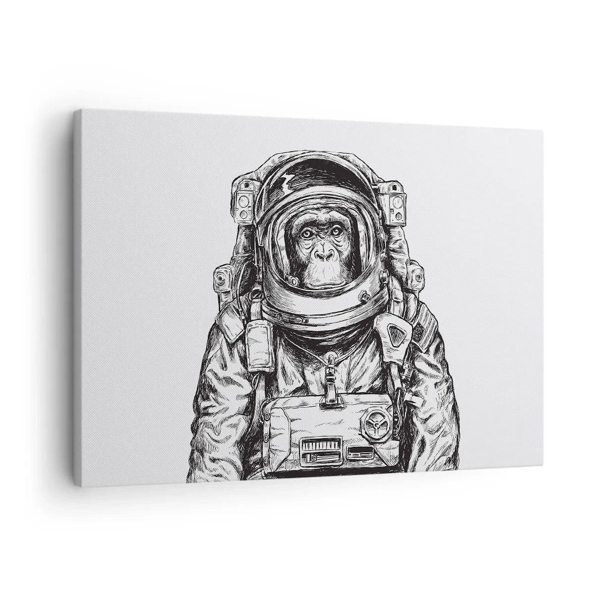 Vászonkép - Egy űrhajós grafikája űrruhában, majomfejjel - 70x50cm - Alternatív evolúció - Modern fali dekoráció nappalihoz és hálószobához ARTTOR